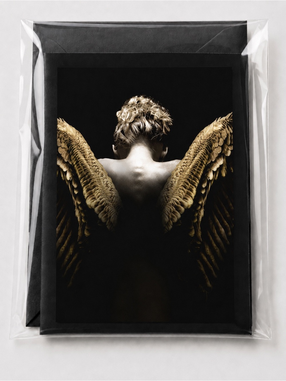 Gold Dark Angel Wings Luxury Art Greeting Card Set of 10, Blank Inside, Envelope